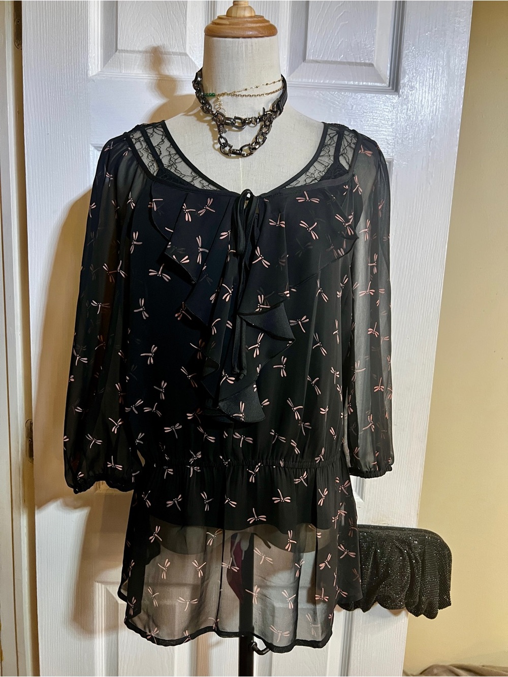 Black Rainn Wms Sheer Ruffle Layered Dragonfly Lace Boho Whimsical Top M